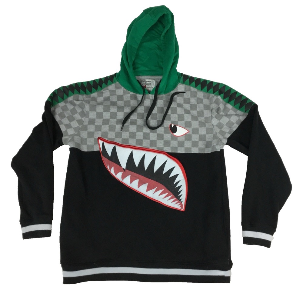 Bleecker & Mercer Shark Mouth Graphic Hoodie Black Gray‎ Green Checkered Large